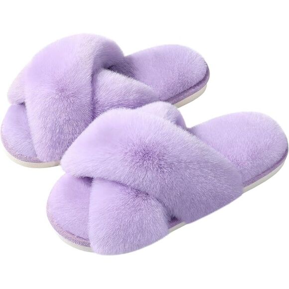 Women's Fuzzy Slippers Cross Band Lavender Memory Foam House Slippers Open Toe - Picture 1 of 6